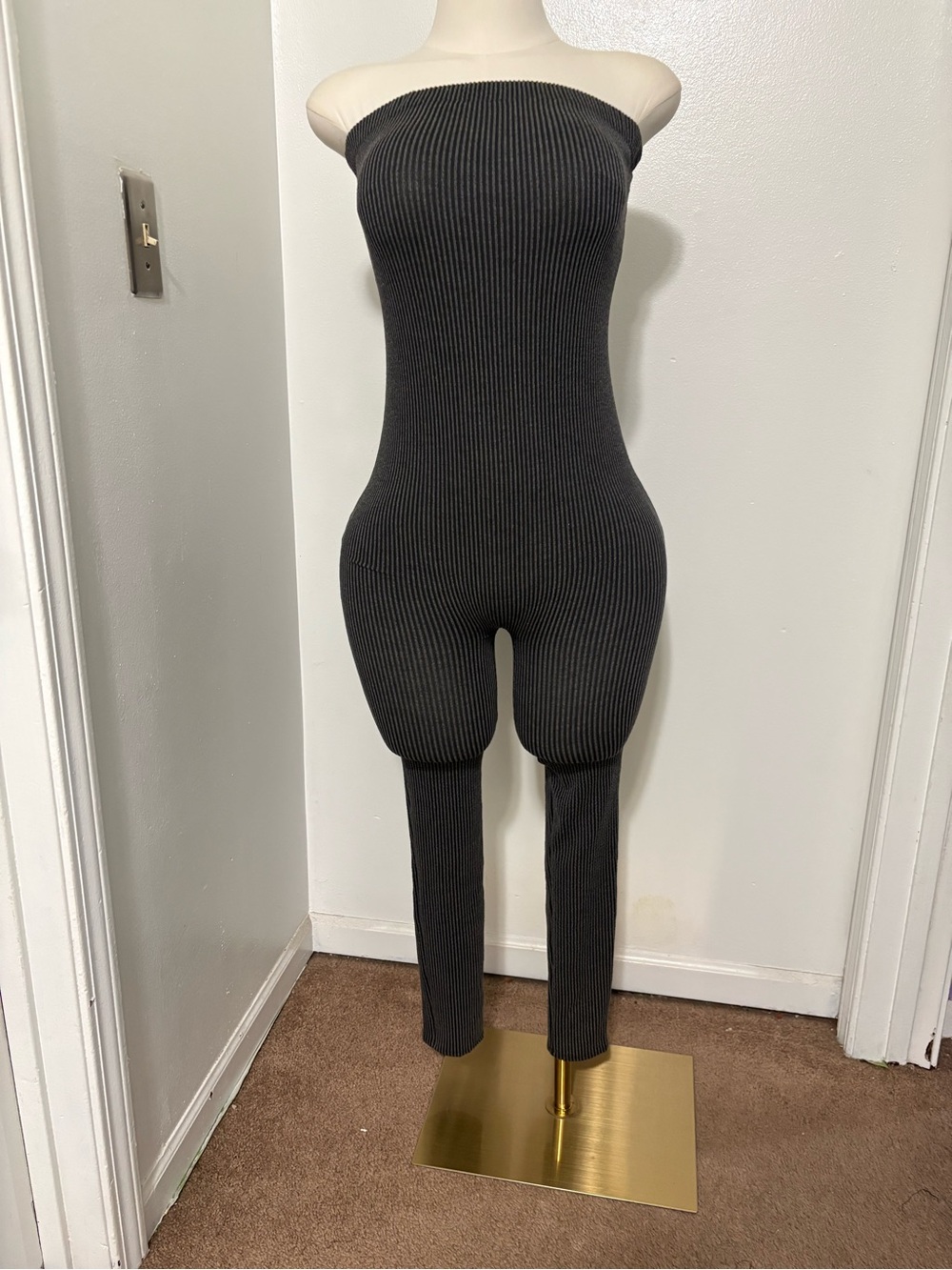 Fashion Nova Strapless Ribbed Jumpsuit in Charcoal